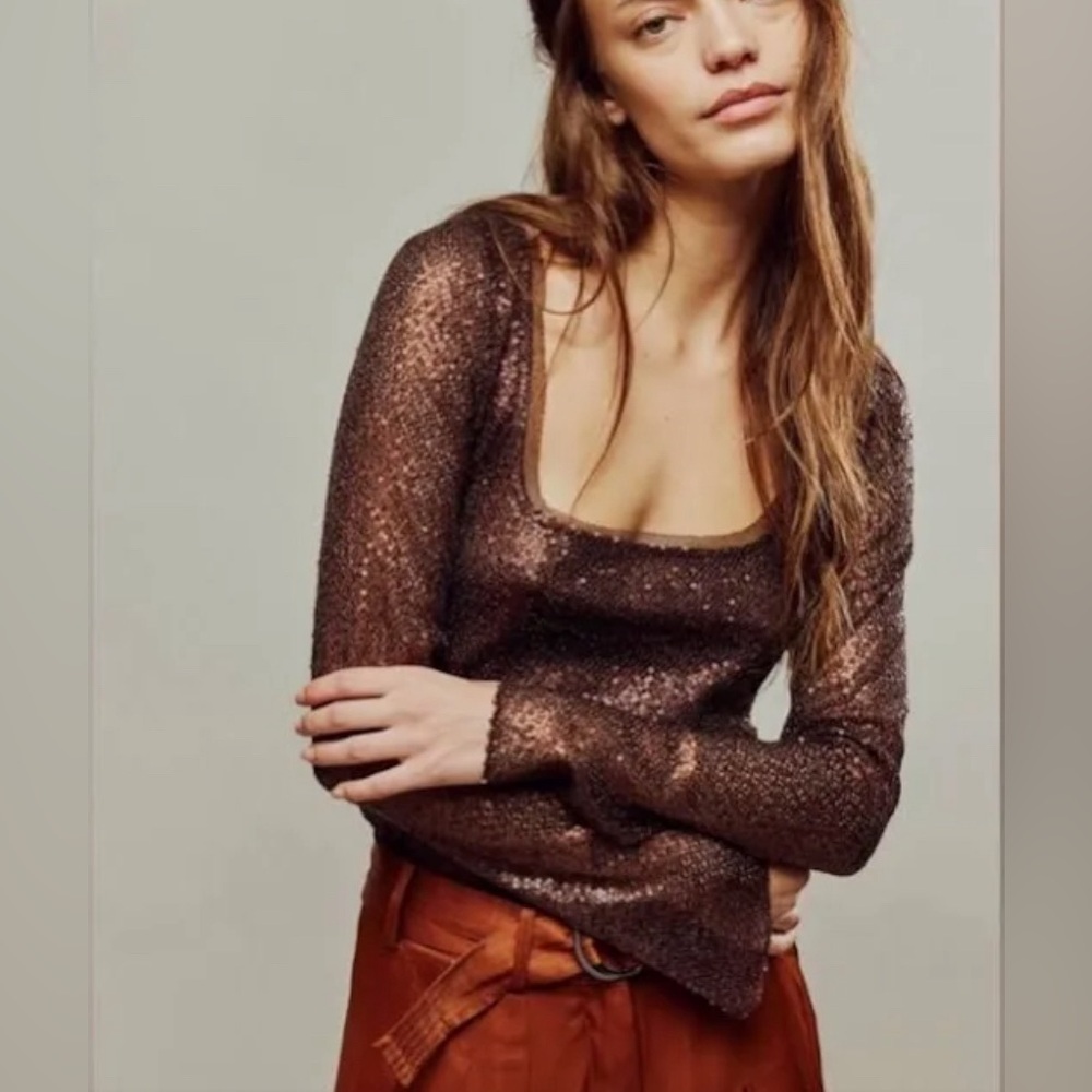 NWOT Free People, Late Night Disco Layering Top, Small in Brown